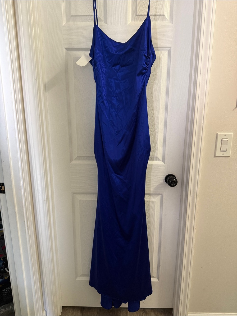 La Femme Cobalt Blue Satin Cowl Slip Gown